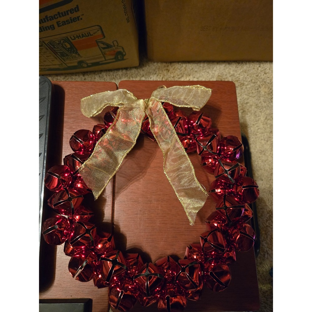 Red Jingle Bell Wreath Gold Bow Christmas Holiday Door Decor‎ Ornament Metallic